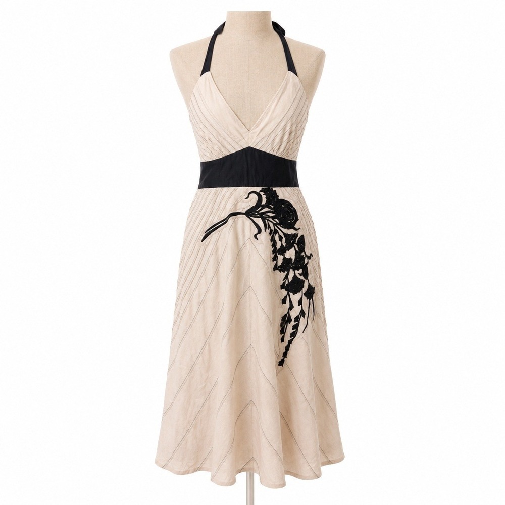 Anthropologie Floral Silk Babydoll Halter Dress Size 2 Tan Boho Whimsigoth Fairy - Picture 1 of 10